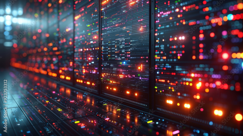 A server room with multiple racks of servers, each with glowing lights and data flowing through them. A server room with multiple racks of servers, each with glowing lights and data flowing through them.