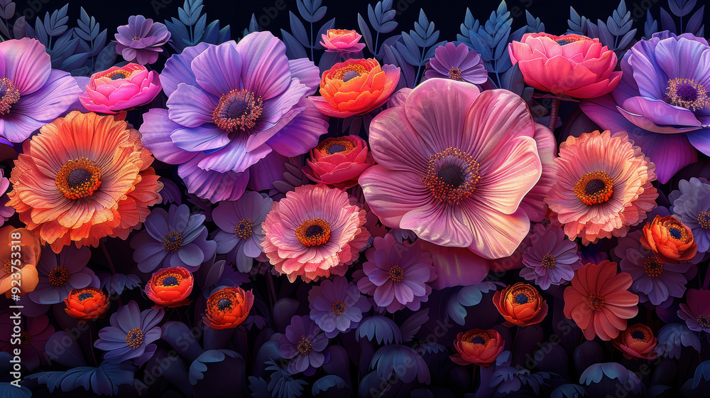 Fototapeta premium A vibrant tapestry of blooms, rendered in a dreamy, almost surreal style.