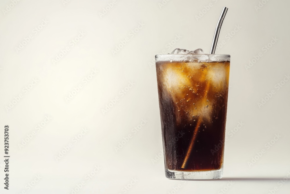 A vibrant iced cold brew coffee fills a clear glass, showcasing ice cubes and condensation, perfect for a warm afternoon refreshment A vibrant iced cold brew coffee fills a clear glass, showcasing ice cubes and condensation, perfect for a warm afternoon refreshment