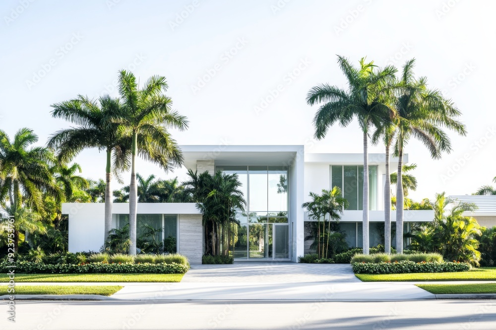 This contemporary Miami home features a sleek white facade and is beautifully landscaped with palm trees and greenery, showcasing a vibrant outdoor environment This contemporary Miami home features a sleek white facade and is beautifully landscaped with palm trees and greenery, showcasing a vibrant outdoor environment
