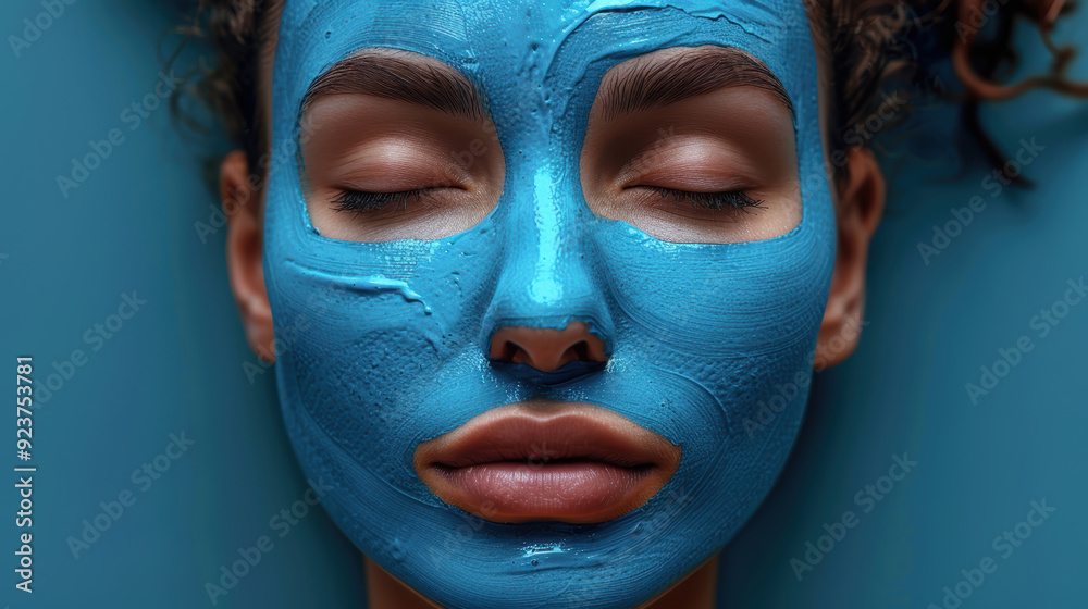 Fototapeta premium A close-up shot of a woman's face with a blue clay mask on. Her eyes are closed, and she appears to be relaxed. The blue clay mask is smooth and even.