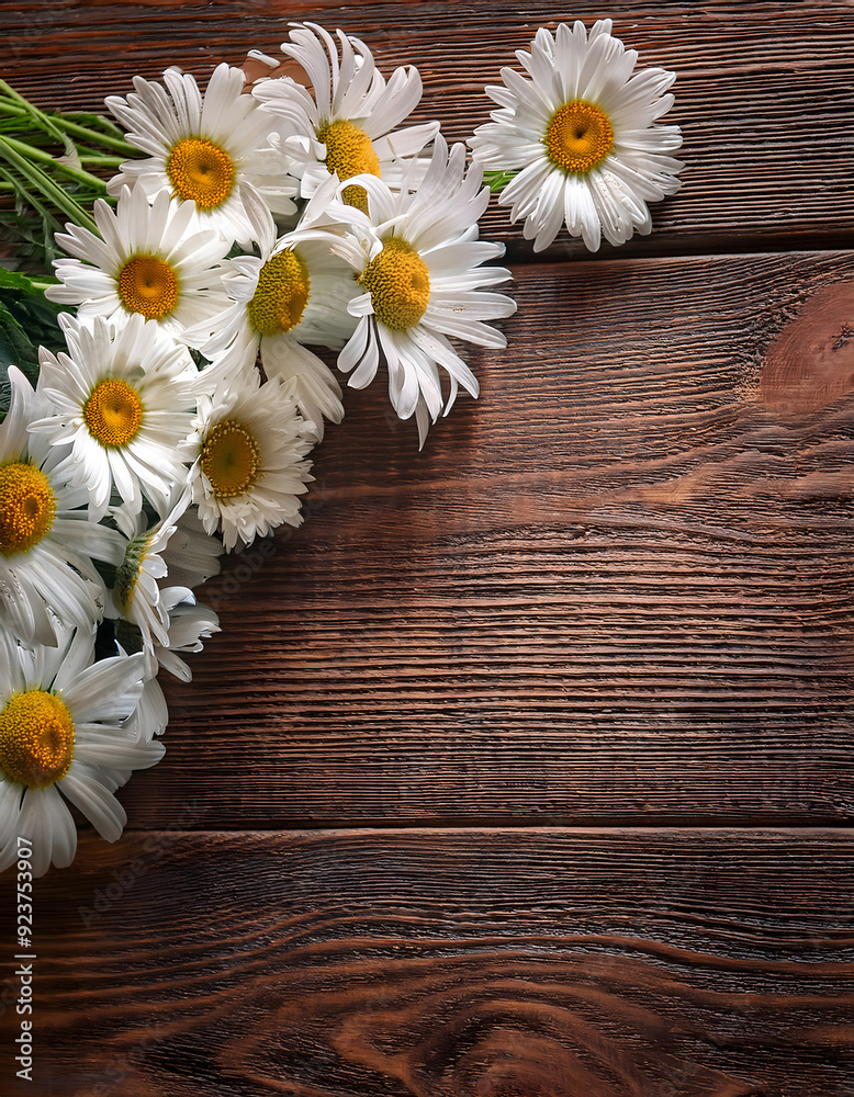 Fototapeta premium Daisies on a wood floor, space for copy