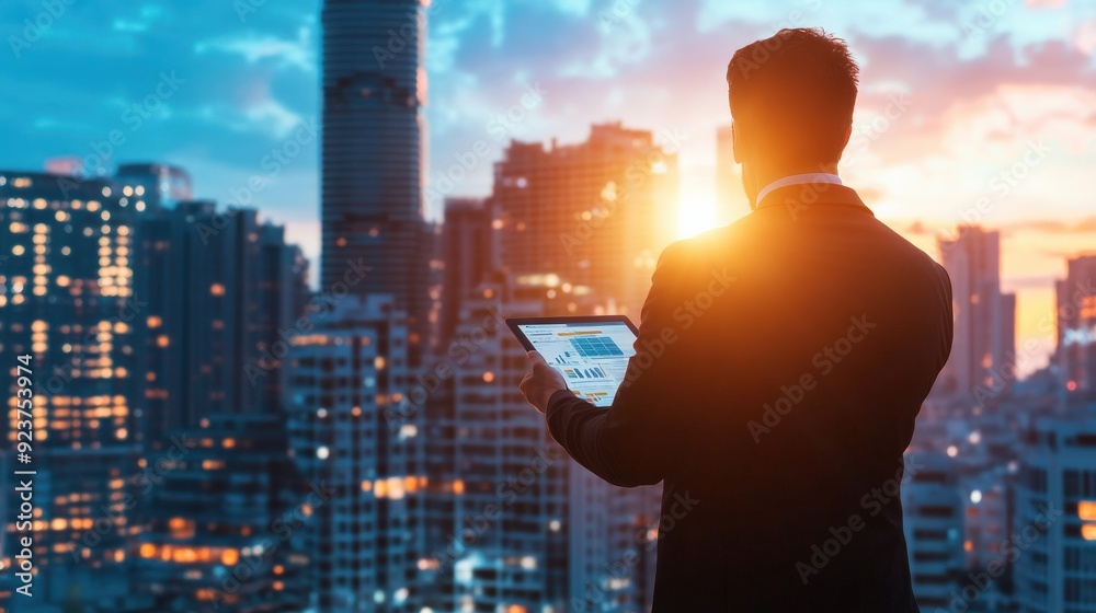A man is holding a tablet in front of a city skyline. Concept of modernity and technological advancement, as the man is using a device to navigate the urban landscape A man is holding a tablet in front of a city skyline. Concept of modernity and technological advancement, as the man is using a device to navigate the urban landscape