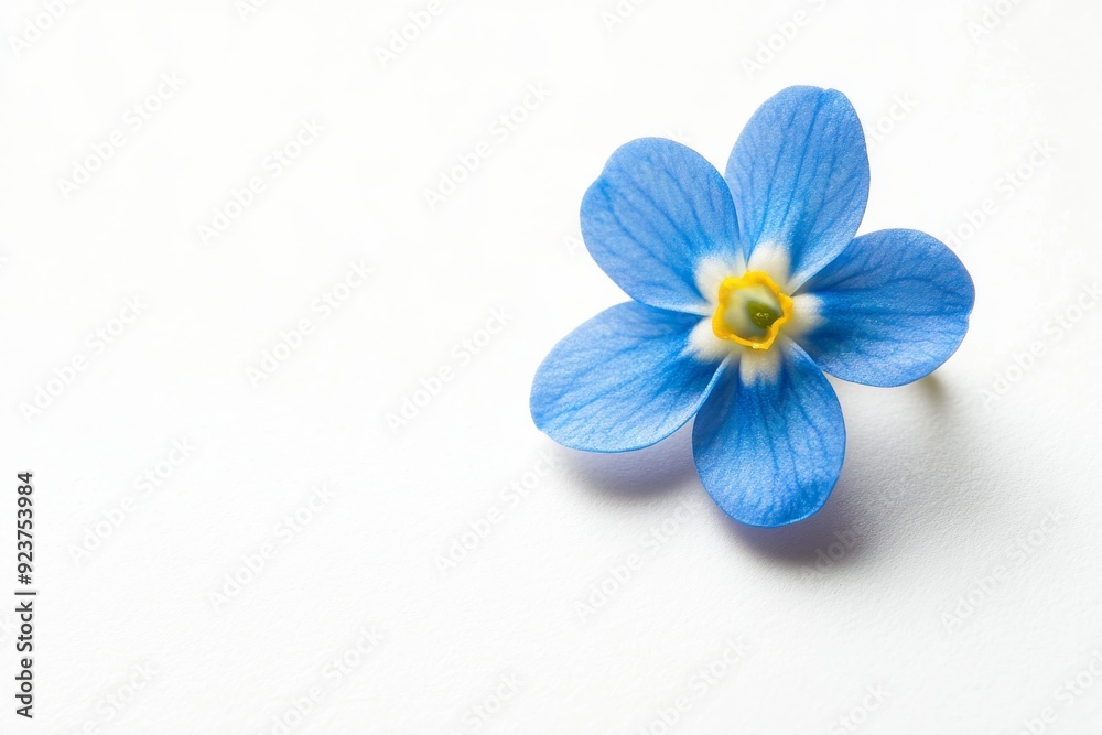 A single forget-me-not flower displays its rich blue petals and bright yellow center, beautifully highlighted against a minimalistic white background