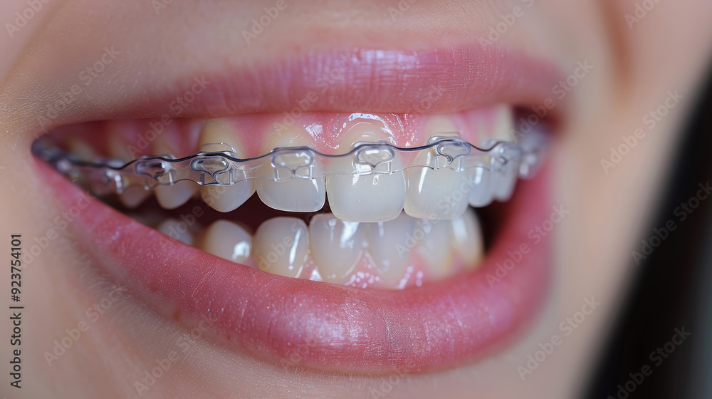 Obraz premium A close-up photo of a person smiling with clear braces. The braces are attached to the front teeth and are barely visible. 