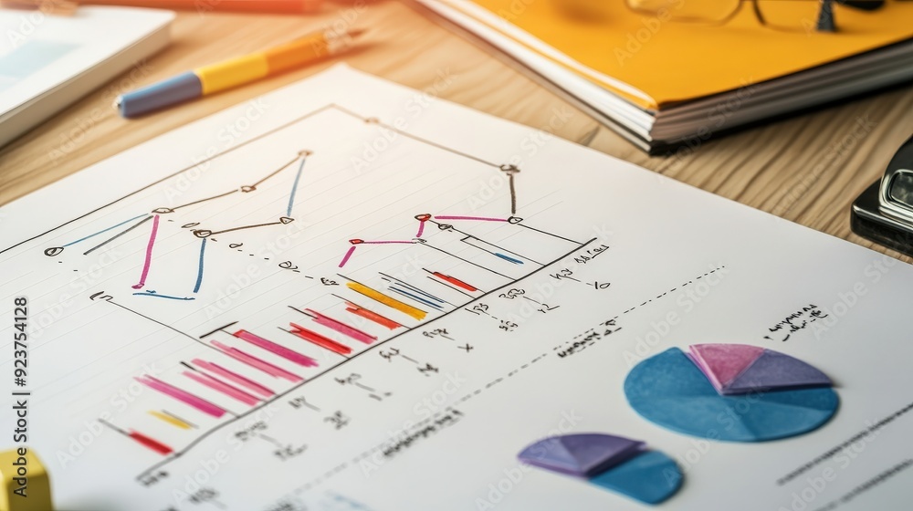 A colorful graph is on a table with a pen and a pencil A colorful graph is on a table with a pen and a pencil