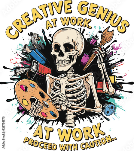 Creative Skeleton Artist with Palette and Brush – Creative Genius at Work Illustration