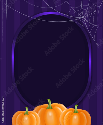 Halloween holiday illustration striped wall background with purple frame, orange pumpkins and spider web