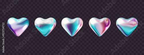 3d holographic hearts in y2k style collection. Realistic metallic vector f love symbols isolated on dark. Chrome shapes 2000s and are perfect for futuristic designs.