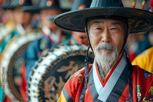 ortrait of an Elderly North Korean Man in Traditional Attire Celebrating a Festival Outdoors. Capturing the Wisdom and Dignity of Age Alongside the Joy of Cultural Heritage. A Reflection of North Kore photo