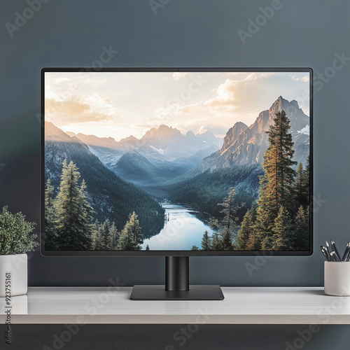 elegant worksplace mockup rendering: beautiful mountain landscape image on the desktop lcd monitor screen, modern environment photo