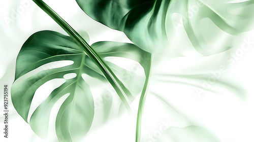 Blurred Monstera Leaves in Soft, Airy Digital Art Style with Subtle Shadows on White Background
