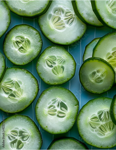 Freshly Sliced Crisp Green Cucumbers arranged neatly  crisp texture fresh green color