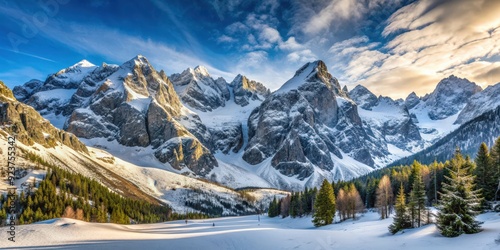 Fototapeta Naklejka Na Ścianę i Meble -  Snow-covered mountain peaks near Morskie Oko in Poland at winter, Tatras, Morskie Oko, Sea Eye Lake, Poland, winter, snow