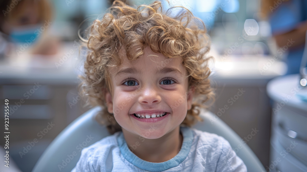 A young boy with curly blond hair is sitting in a dental chair and smiling broadly. A young boy with curly blond hair is sitting in a dental chair and smiling broadly.