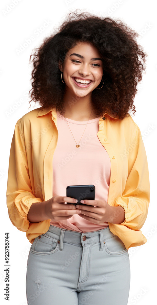 PNG Smiling woman holding smartphone PNG Smiling woman holding smartphone