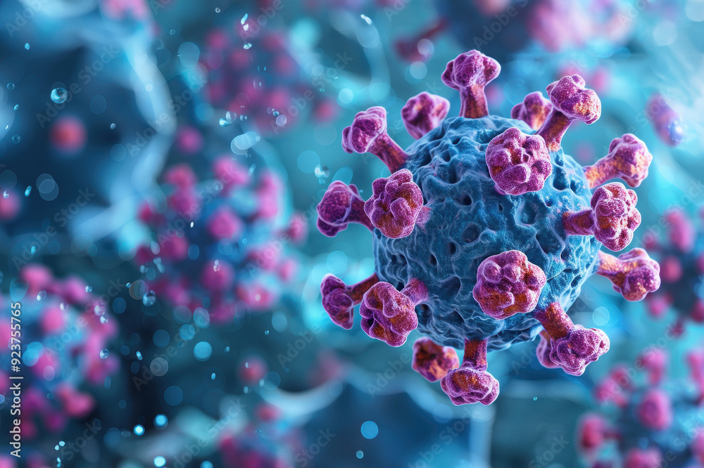 A close-up microscopic view of a virus, with its spiky surface and intricate structure. The virus is in focus, while the background is blurred. A close-up microscopic view of a virus, with its spiky surface and intricate structure. The virus is in focus, while the background is blurred.