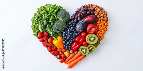 Heart-shaped arrangement of healthy foods, colorful fruits, and leafy greens