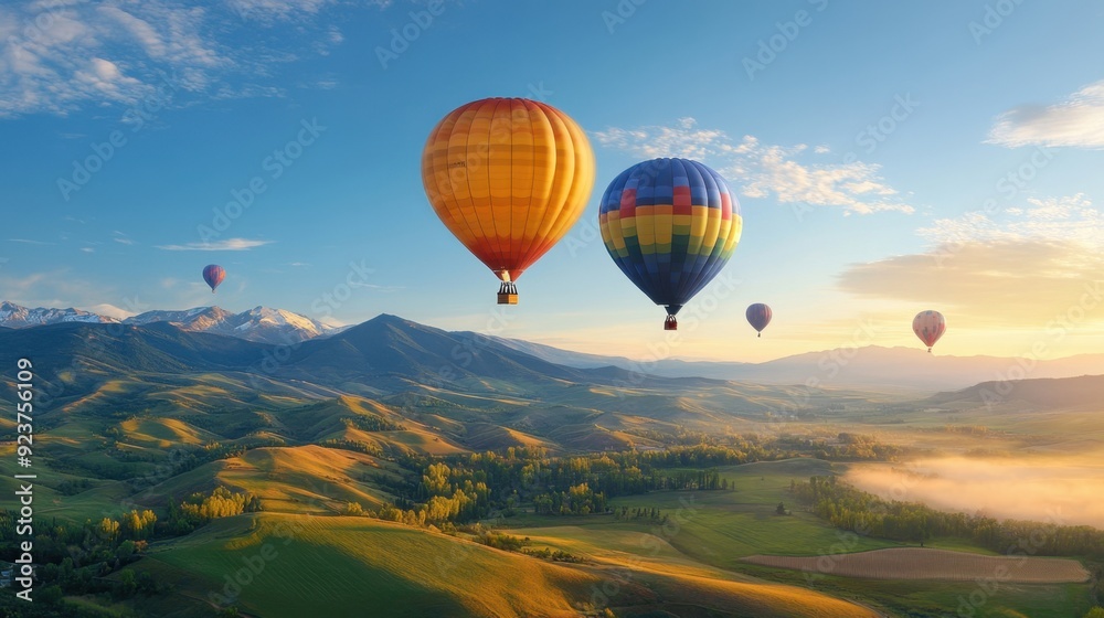 Fototapeta premium A golden hour photograph of hot air balloons floating above a picturesque valley, with the sun rising in the background.