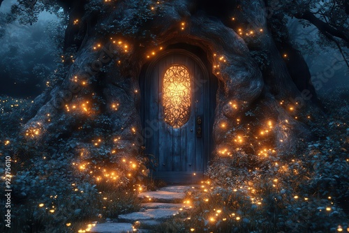 enchanted forest entrance with ornate door embedded in ancient tree trunk glowing fireflies bioluminescent plants and mystical atmosphere fantasyinspired illustration style