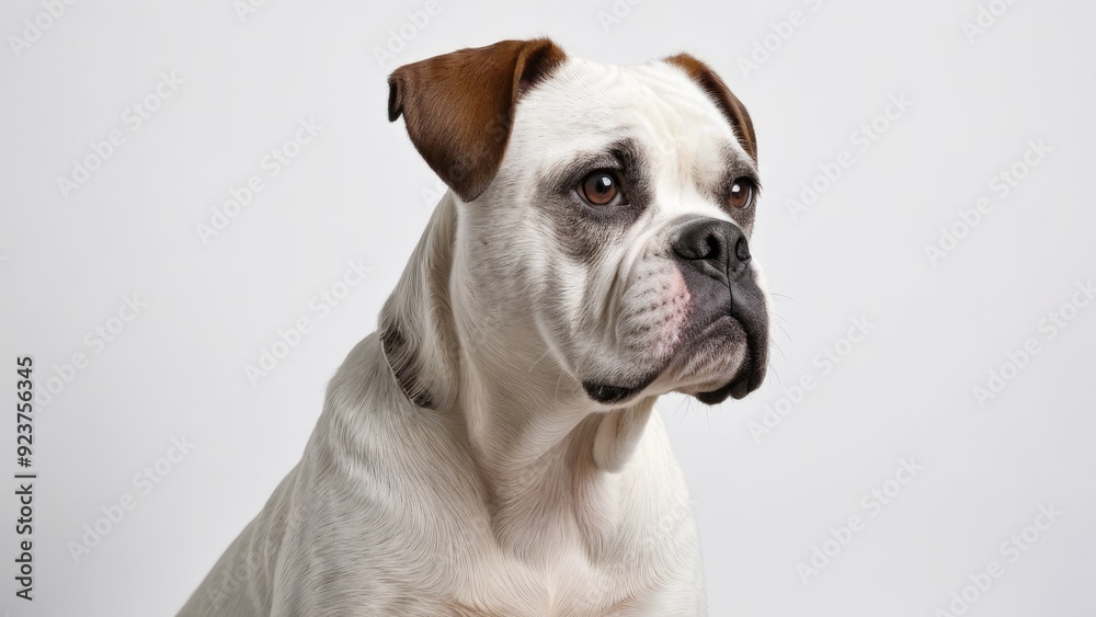 White boxer dog on grey background White boxer dog on grey background