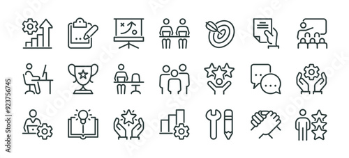 Premium icons pack on business education, learn team, practice. Such line signs as team building coaching meeting, managing and motivation. Vector icons set for web and app in outline editable stroke.