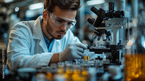 A pharmaceutical researcher conducts an analysis using a microscope amidst an array of vials containing yellow samples