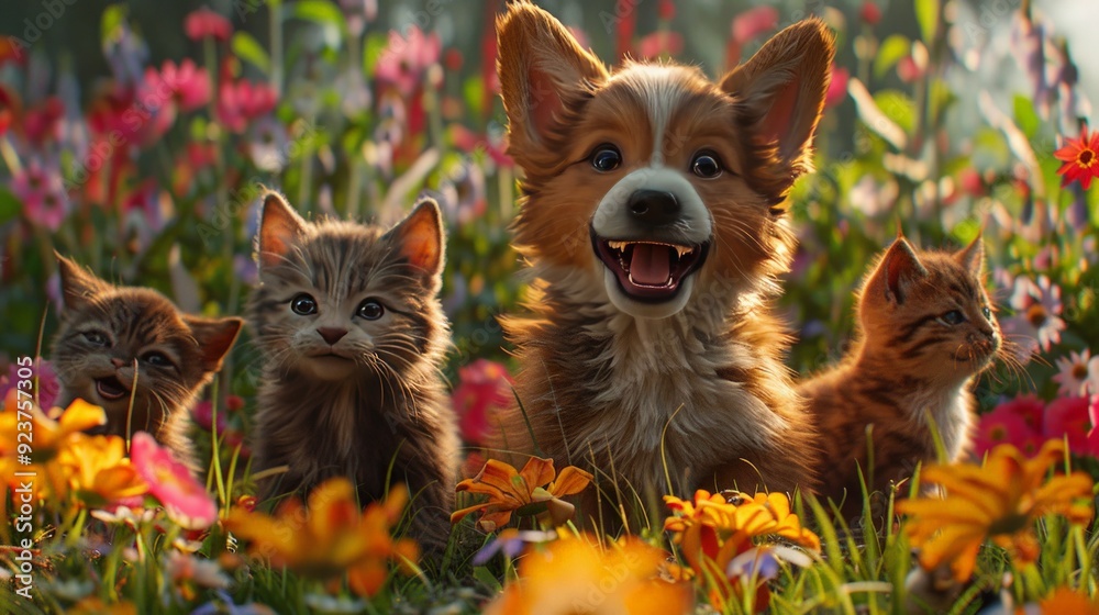Fototapeta premium Playful 3D scene of a group of puppies and kittens frolicking in a sunlit garden, with colorful flowers and green grass