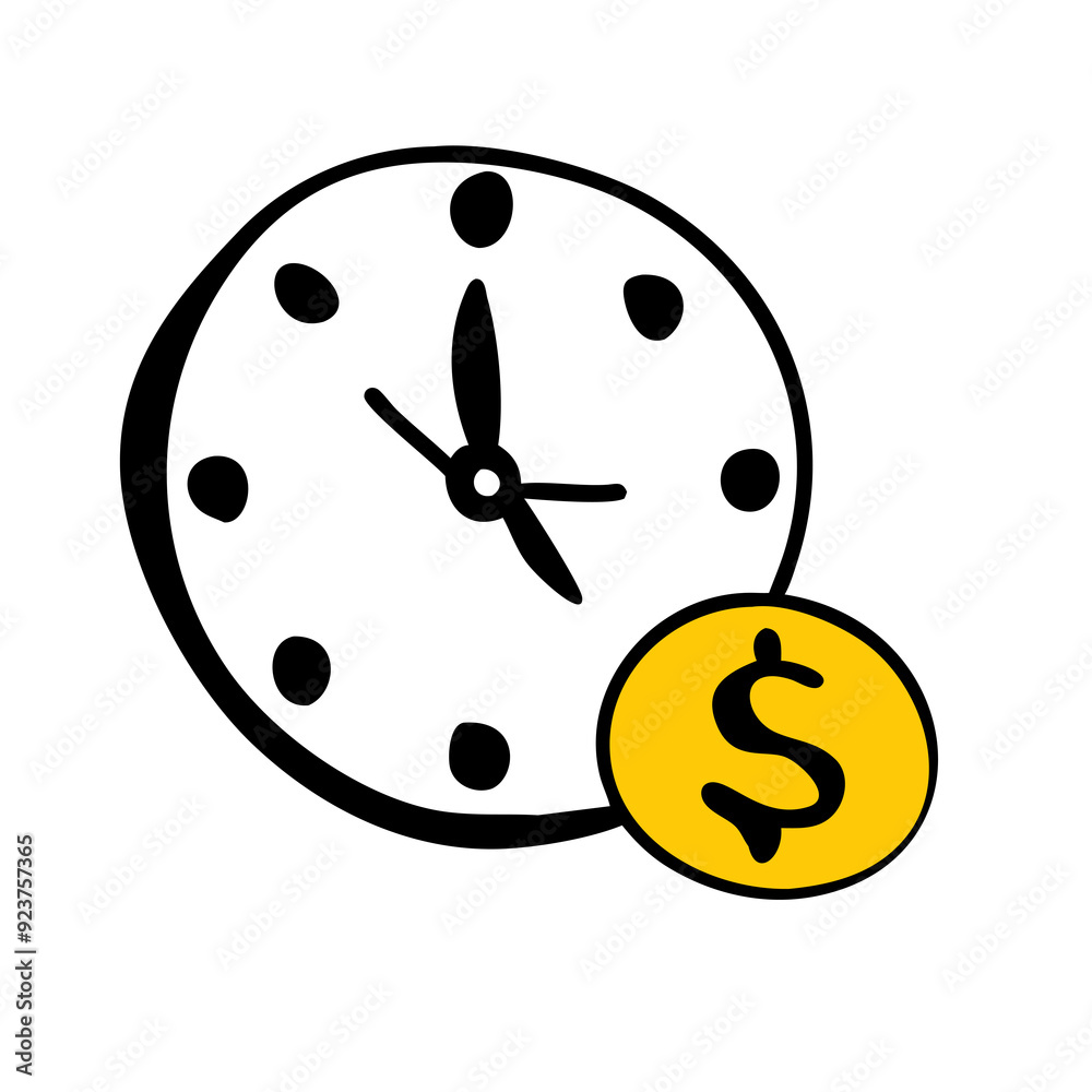 black and white clock is depicted with a yellow time is money black and white clock is depicted with a yellow time is money