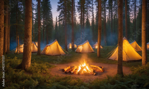 Cozy Campsite With Glowing Tents Surrounded by Tall Trees at Dusk