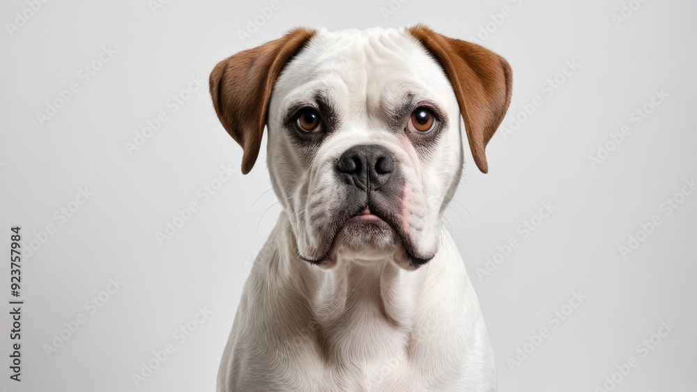White boxer dog on grey background White boxer dog on grey background