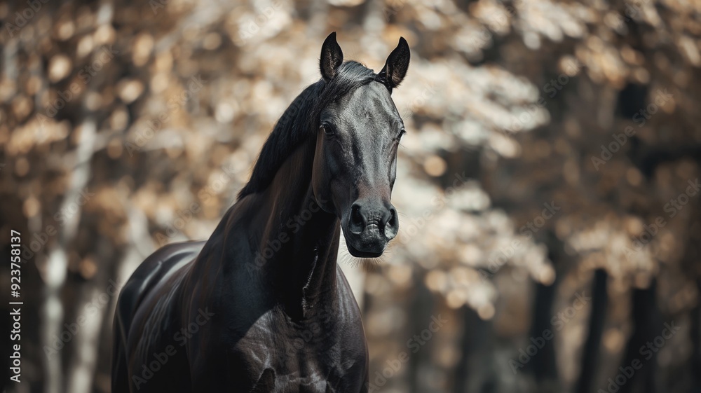 Fototapeta premium Majestic black stallion with powerful physique, flowing mane and tail, standing gracefully on a pure white background, exuding elegance and strength.