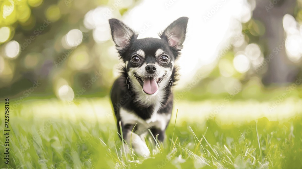 Small black and white Chihuahua dog with a happy expression on its face, running on green grass towards the camera with a blurred background Small black and white Chihuahua dog with a happy expression on its face, running on green grass towards the camera with a blurred background