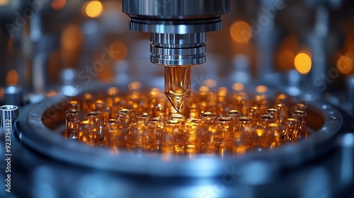 Close-up view of a high-precision pharmaceutical machine dispensing liquid into amber glass vials on a production line.