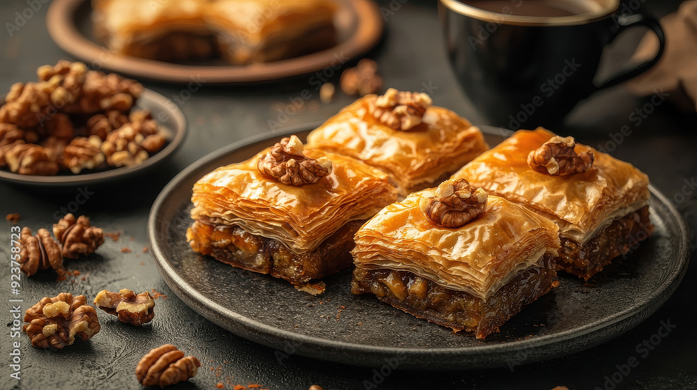 A close-up of square-shaped baklava sweets topped with walnuts on a dark plate captures the essence of this delicious dessert, paired with a hot cup of coffee.