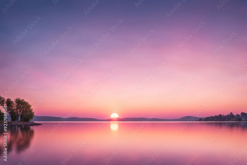 Fototapeta premium Serene Sunset Over Tranquil Lake Surrounded by Mountains and Trees at Dusk