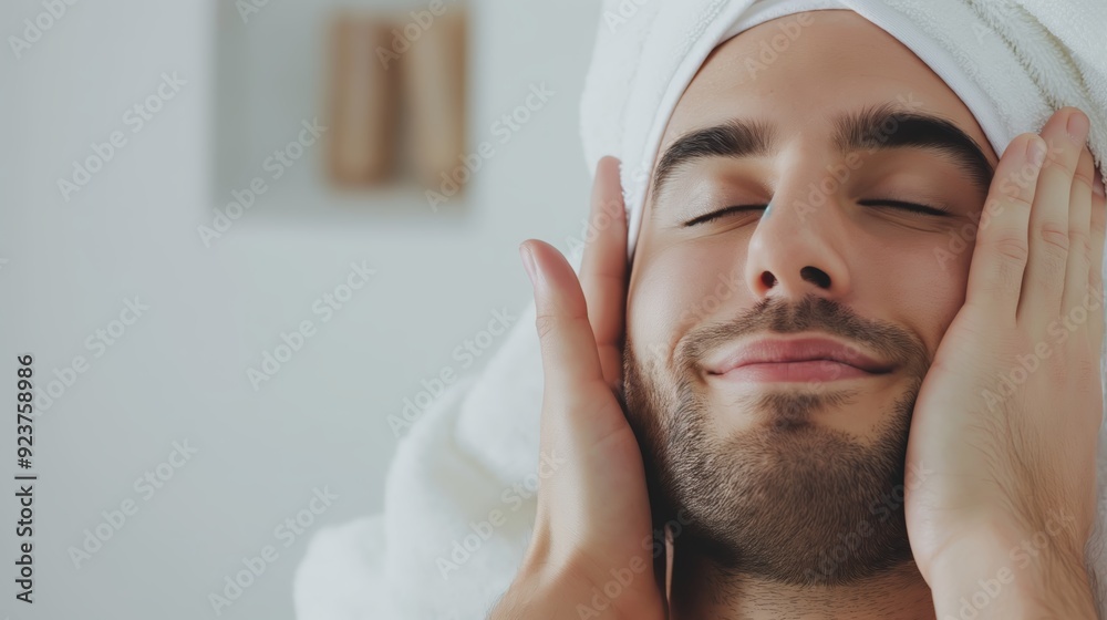 Thoughtful Man Enjoying Relaxing Spa Day at Home, Wrapped in a Soft Towel, Embracing Self-Care and Wellness Routine for Stress Relief Thoughtful Man Enjoying Relaxing Spa Day at Home, Wrapped in a Soft Towel, Embracing Self-Care and Wellness Routine for Stress Relief