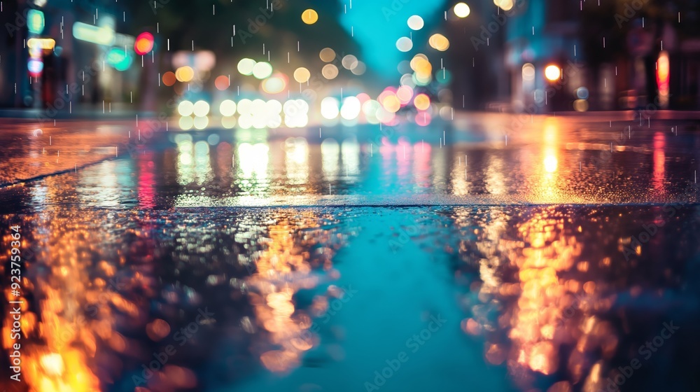 Shimmering city lights casting a dazzling reflection on the rain-soaked pavement, forming a captivating and picturesque scene beneath the starry night sky.