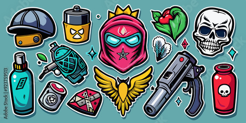 Street spray graffiti element set, grunge sticker kit balaclava, vector retro urban ghetto print. Gangster tattoo kit, underground can Greek sculpture head, heart, angel, blade, gun. Street graffiti
