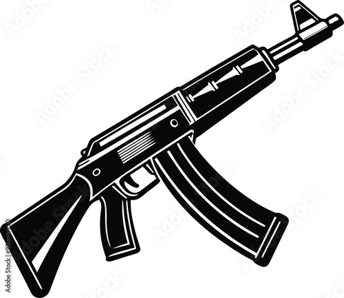 a black and white drawing of a gun with a black sticker that says gun