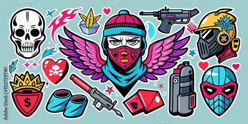 Street spray graffiti element set, grunge sticker kit balaclava, vector retro urban ghetto print. Gangster tattoo kit, underground can Greek sculpture head, heart, angel, blade, gun. Street graffiti