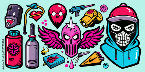 Street spray graffiti element set, grunge sticker kit balaclava, vector retro urban ghetto print. Gangster tattoo kit, underground can Greek sculpture head, heart, angel, blade, gun. Street graffiti