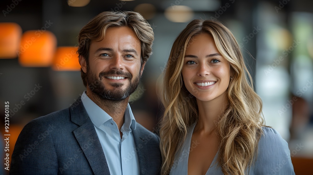 Portrait of two smiling professionals, both exuding confidence and happiness, with a modern office background. Portrait of two smiling professionals, both exuding confidence and happiness, with a modern office background.