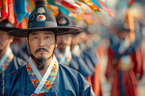 ortrait of an Elderly North Korean Man in Traditional Attire Celebrating a Festival Outdoors. Capturing the Wisdom and Dignity of Age Alongside the Joy of Cultural Heritage. A Reflection of North Kore photo