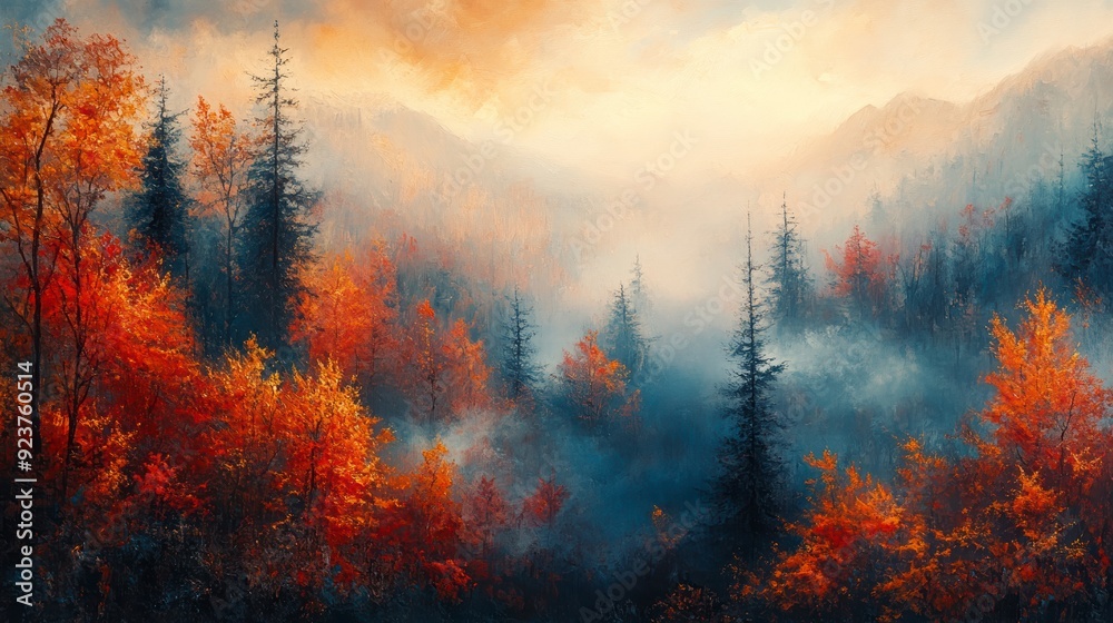 Naklejka premium Fog covering a valley of colorful autumn trees in the mountains