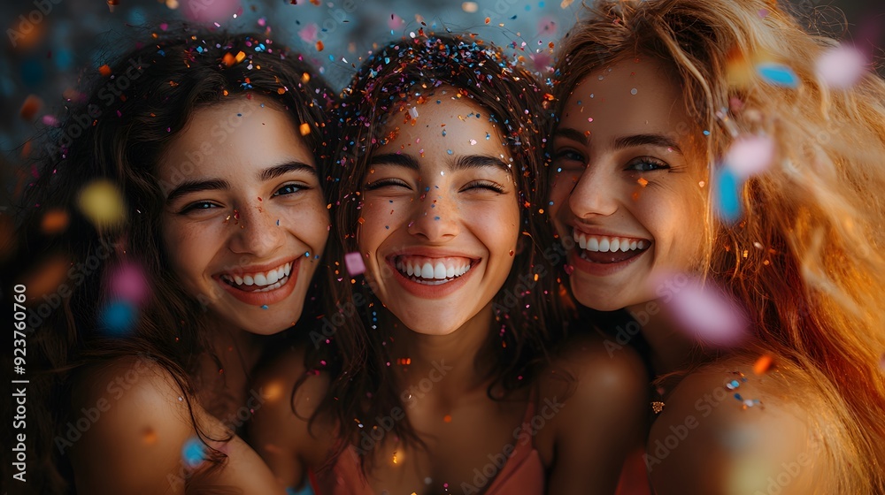 Group of friends hugging and laughing, their joy and pride evident as they celebrate their success, with festive confetti floating around them. Group of friends hugging and laughing, their joy and pride evident as they celebrate their success, with festive confetti floating around them.