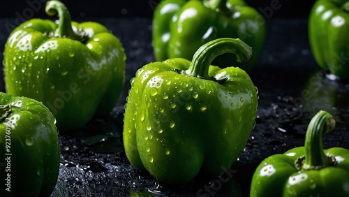 Beautiful close-up photo of bunch of vibrant green ripe bell peppers covered in fresn water dew droplets on dark background. Capsicum annuum advertisement organic food photography. photo