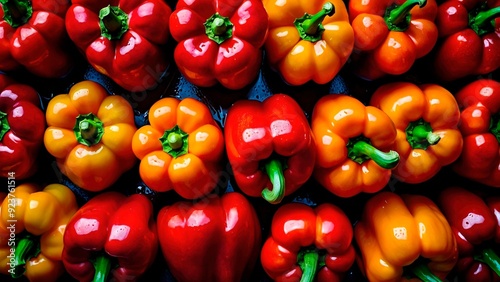 Beautiful top-down view close-up photo of bunch of red and orange ripe bell peppers covered in fresn water dew droplets on dark background. Capsicum annuum advertisement organic food photography. photo