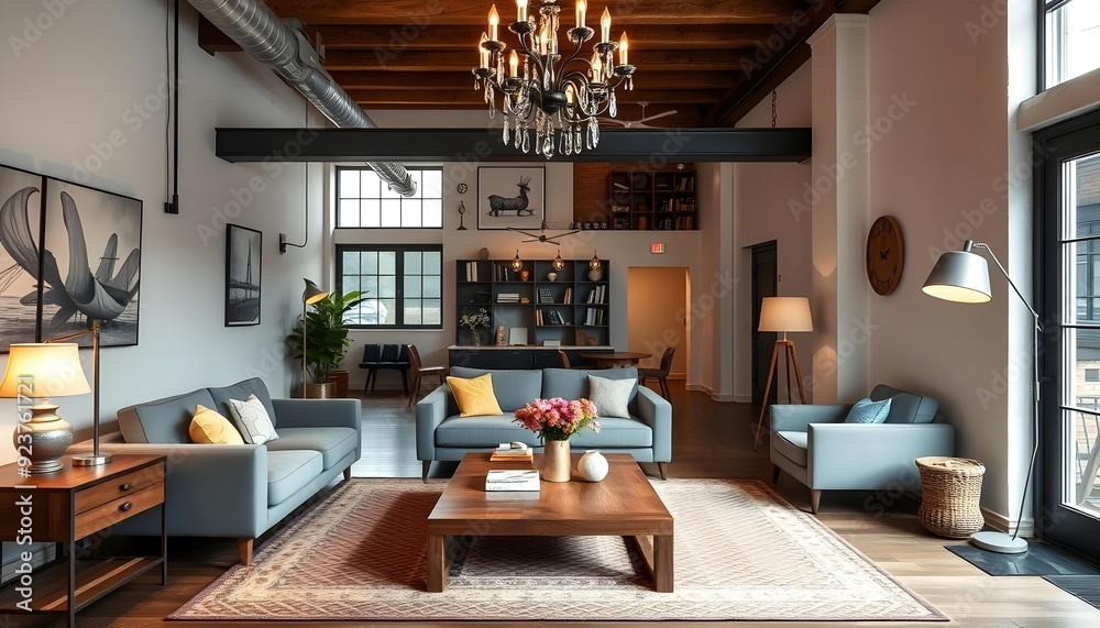 Fototapeta premium A modern loft-style living room with a mix of contemporary and vintage furniture . The room features a gray sectional sofa , a wooden coffee table . The lighting is provided by a large chandelier and 