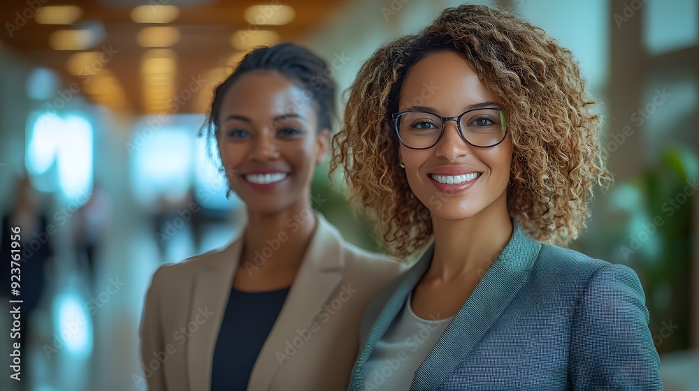 Confident female leaders walking side by side in the office, exchanging ideas and strategies, their positive energy reflecting a successful collaboration. Confident female leaders walking side by side in the office, exchanging ideas and strategies, their positive energy reflecting a successful collaboration.